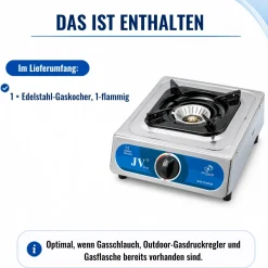 Edelstahl Gaskocher Campingkocher 1-flammig mit Zündsicherung, 30 50 mbar