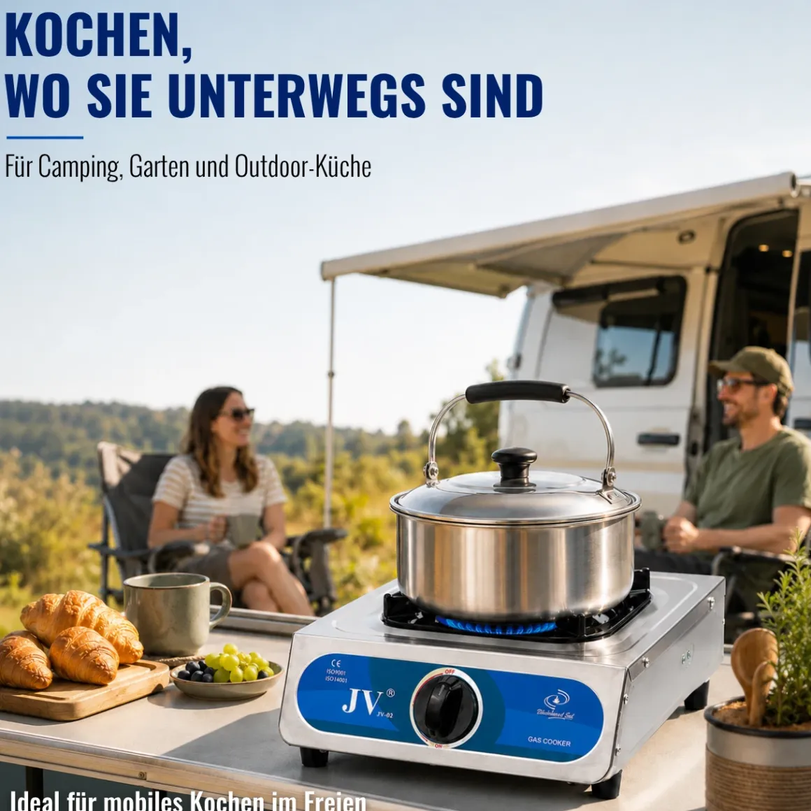 Edelstahl Gaskocher Campingkocher 1-flammig mit Zündsicherung, 30 50 mbar