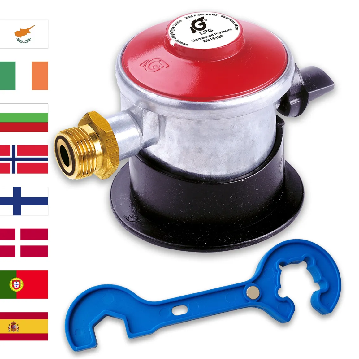 Gasflaschen-Adapter für deutsche Gasregler mit Clip-On-Anschluss inkl. 2 in 1 Gasregler-Schlüssel