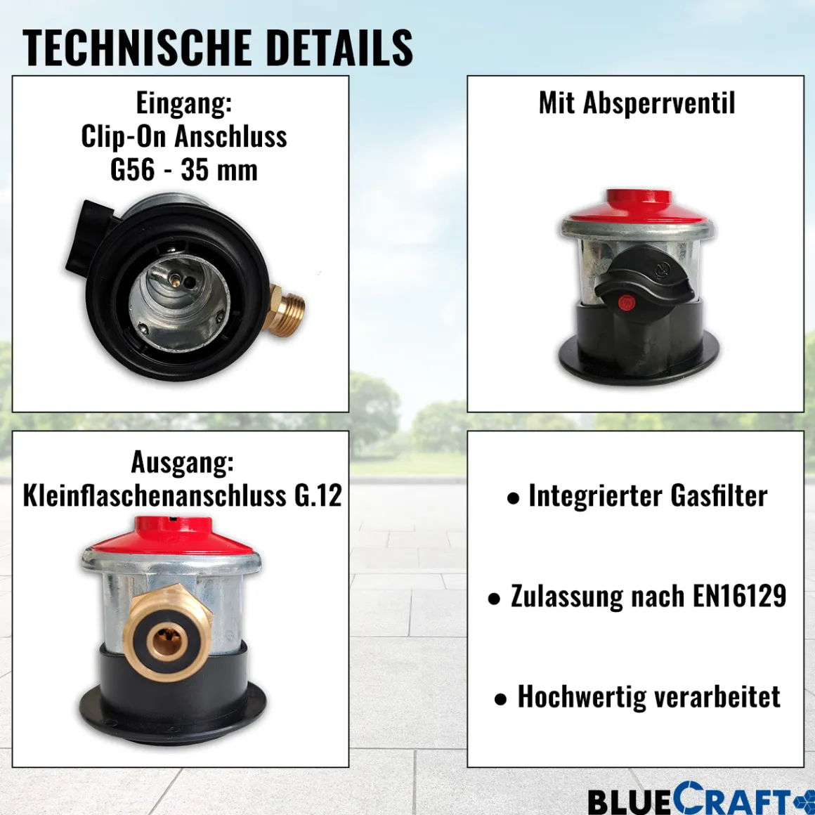 Gasflaschen-Adapter für deutsche Gasregler mit Clip-On-Anschluss inkl. 2 in 1 Gasregler-Schlüssel