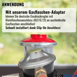 Gasflaschen-Adapter zum Anschluss von deutschen Druckreglern an europäischen Gasflaschen mit Clip-On-Anschluss