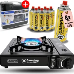 Gaskartuschen Camping Kocher 1-flammig, mit 8x Butangas Kartusche 227g