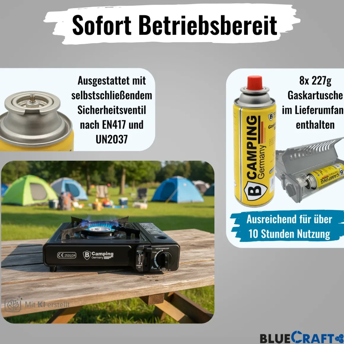 Gaskartuschen Camping Kocher 1-flammig, mit 8x Butangas Kartusche 227g
