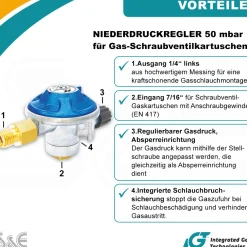 Gaskartuschen Druckminderer 50 mbar  mit Schraubventil mit 2 in 1 Gasregler-Schlüssel