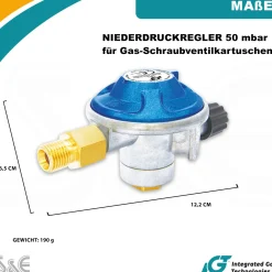 Gaskartuschen Druckminderer 50 mbar  mit Schraubventil mit 2 in 1 Gasregler-Schlüssel