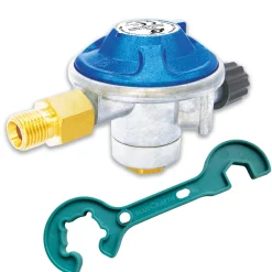 Gaskartuschen Druckminderer 50 mbar  mit Schraubventil mit 2 in 1 Gasregler-Schlüssel