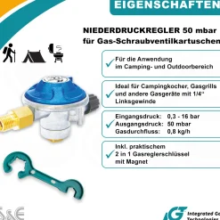 Gaskartuschen Druckminderer 50 mbar  mit Schraubventil mit 2 in 1 Gasregler-Schlüssel