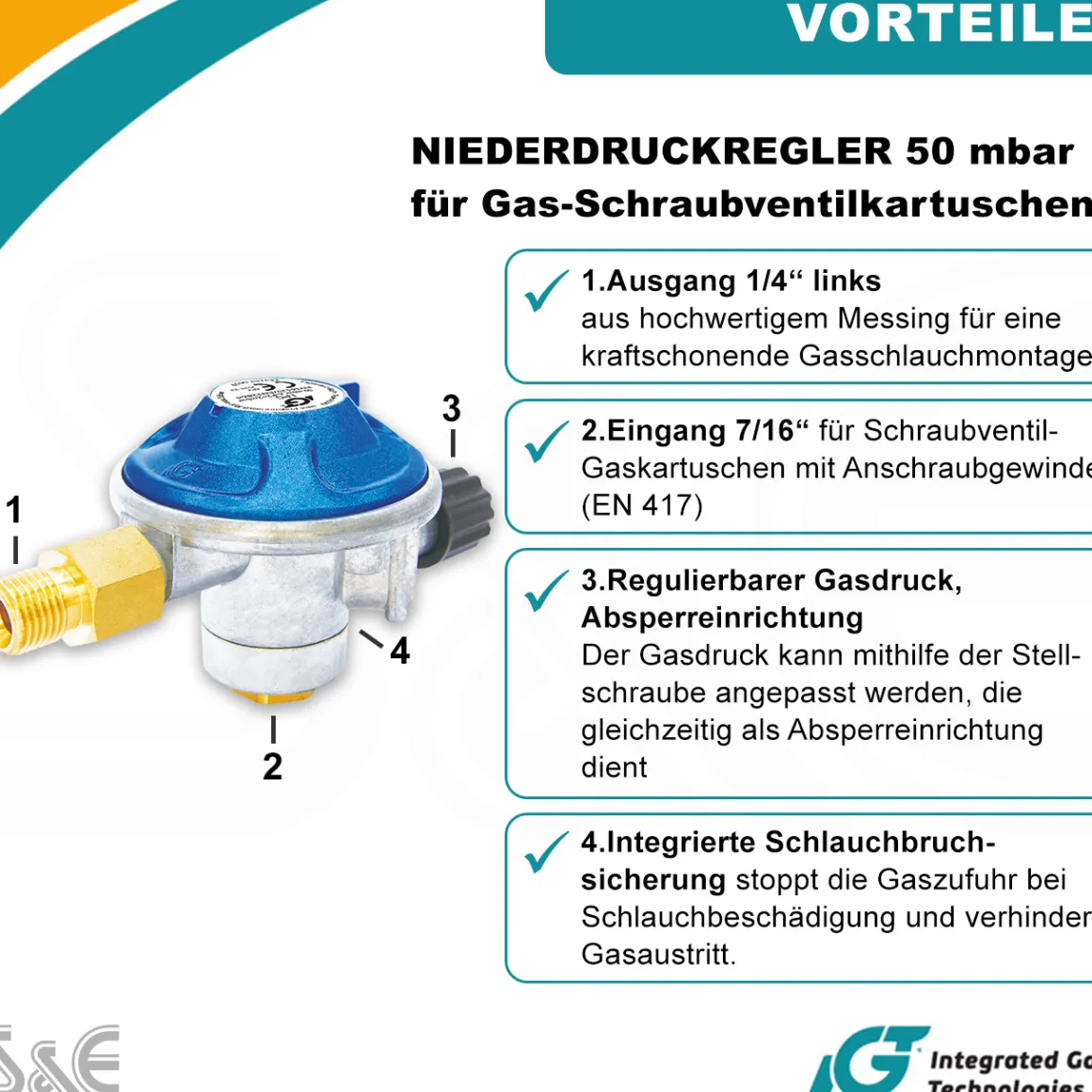 Gaskartuschen Druckminderer 50 mbar mit Schraubventil