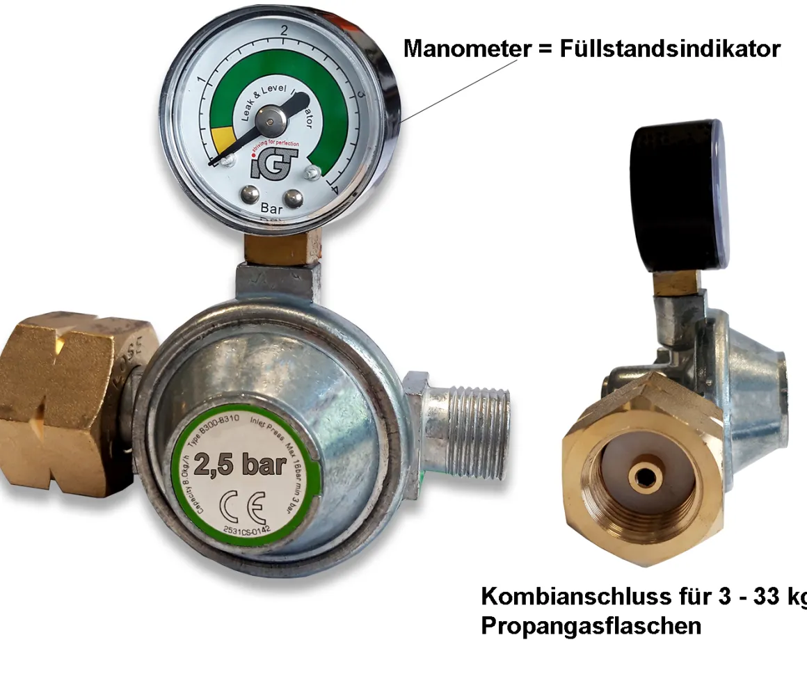 Gasregler mit Manometer 2,5 bar für Abflammgeräte Dachbrenner Propangas