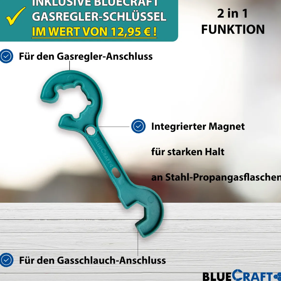 Haushalts-Gasdruckregler 50 mbar für Innenräume Druckminderer für Propan-Gasflaschen mit Gasregler-Schlüssel 2 in 1