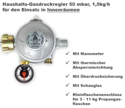 Haushalts-Gasdruckregler 50 mbar für Innenräume Druckminderer für Propan-Gasflaschen mit Gasregler-Schlüssel 2 in 1