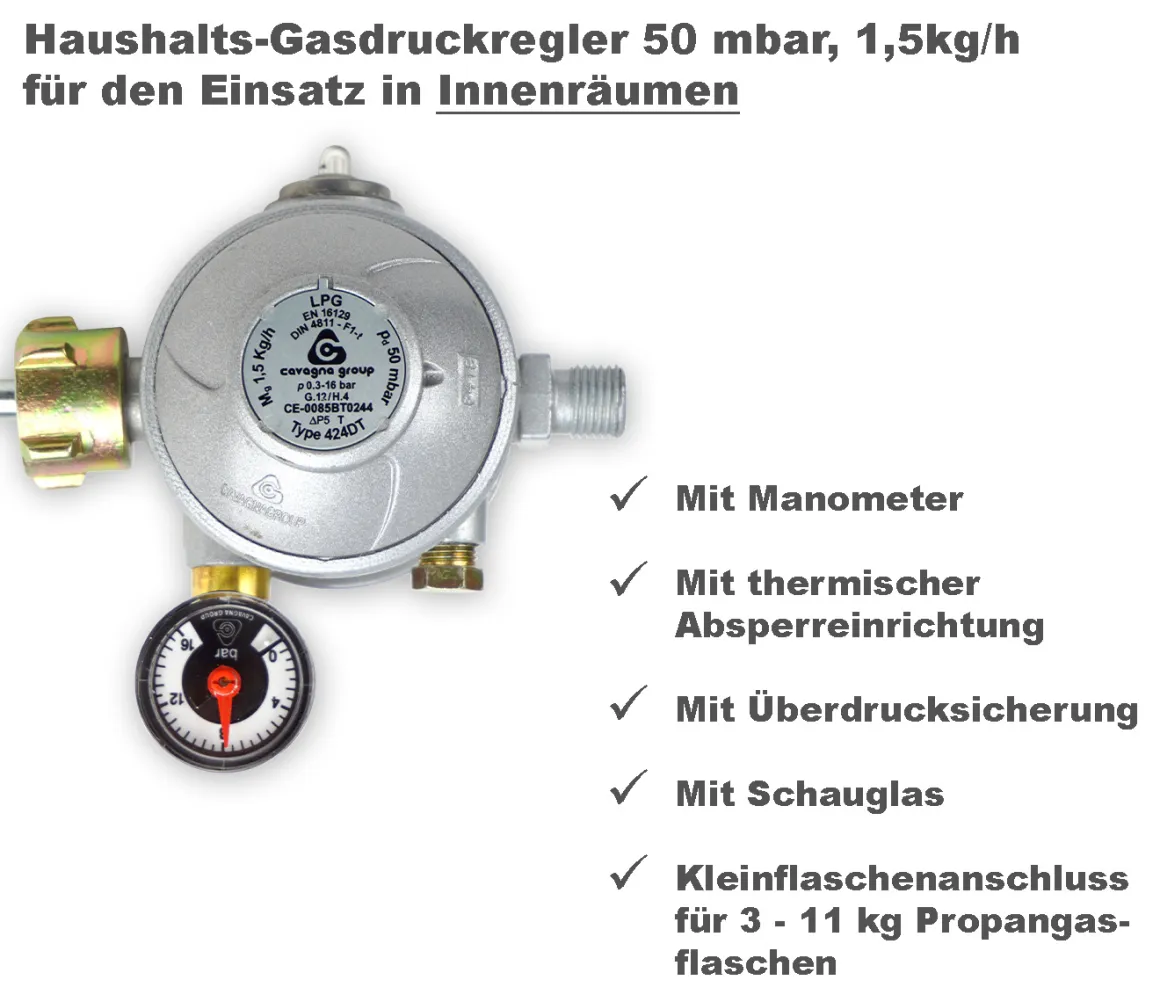 Haushalts-Gasdruckregler 50 mbar für Innenräume Druckminderer für Propan-Gasflaschen
