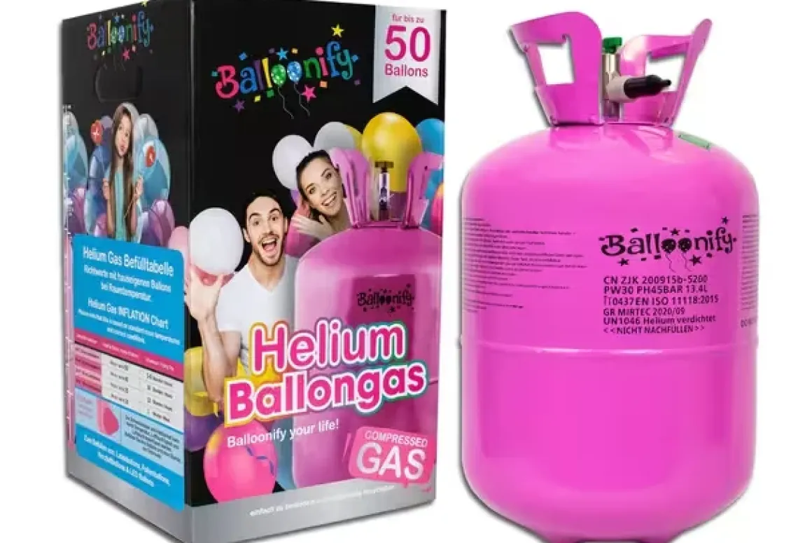 Helium Ballongas Einweg Flasche für ca. 50 Ballons mit Ø 23cm
