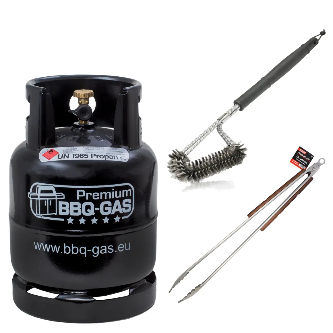 8 kg Premium BBQ Gas-Flasche mit Grill-Bürste & XXL Grill-Zange