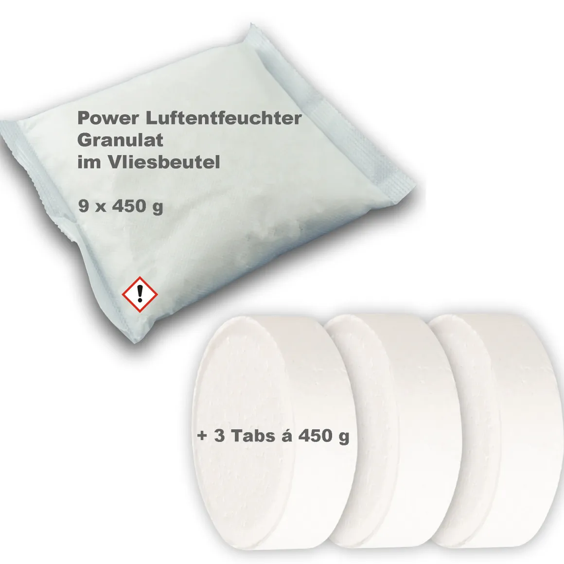 Luftentfeuchter Nachfüllpackung 9x 450g Granulat im Vliesbeutel & 3x 450g Tabs ohne Vlies