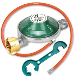 50 mbar Camping Gasregler Druckminderer  mit 200 cm Gasschlauch + Gasflaschenschlüssel