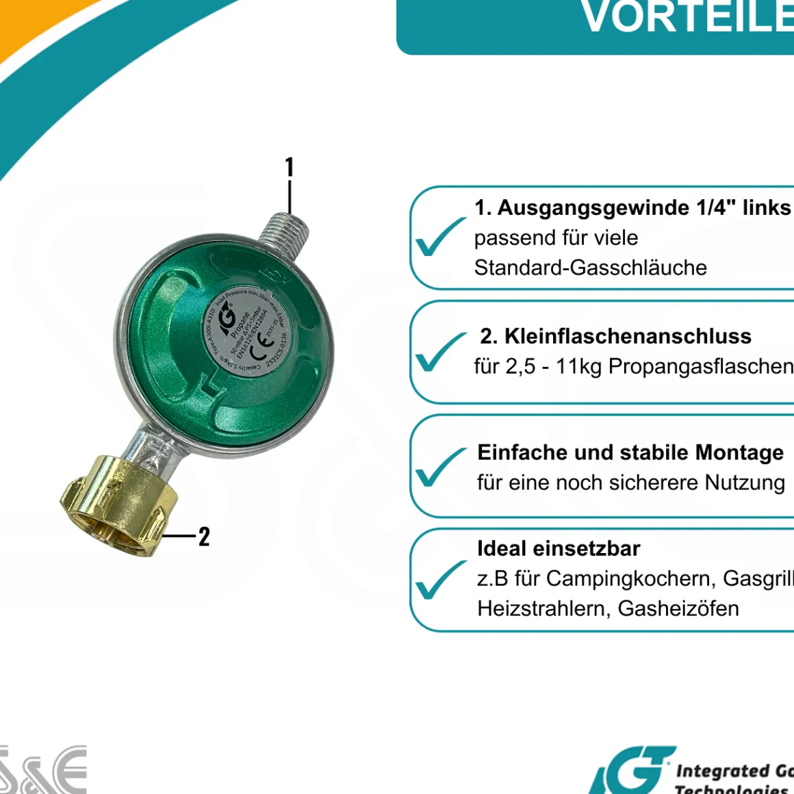50 mbar Camping Gasregler Druckminderer mit 200 cm Gasschlauch + Gasflaschenschlüssel