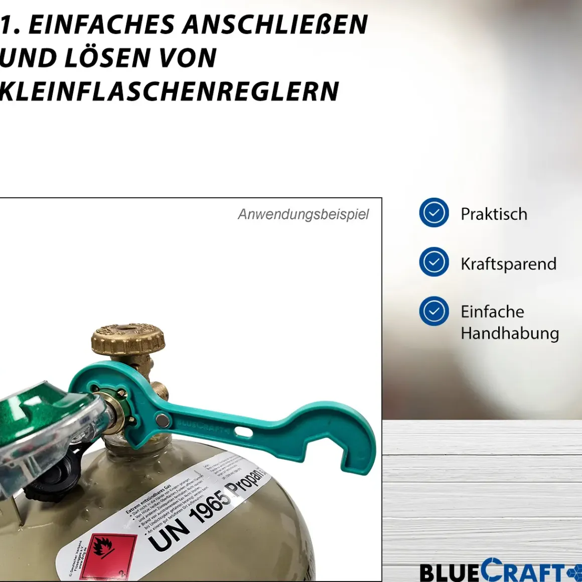 50 mbar Camping Gasregler Druckminderer mit 200 cm Gasschlauch + Gasflaschenschlüssel