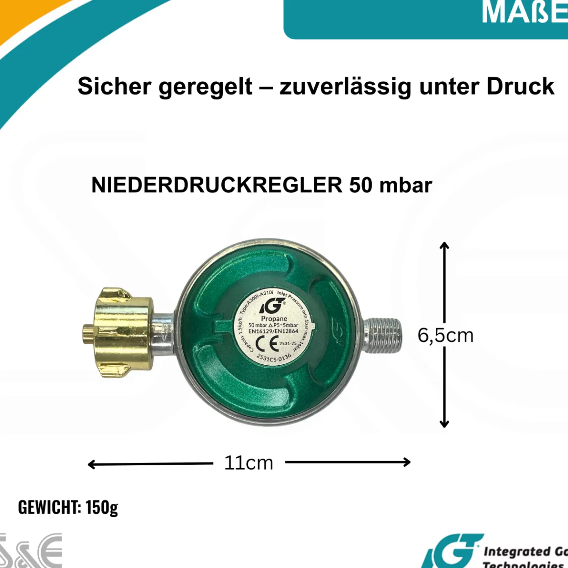 50 mbar Camping Gasregler Druckminderer mit 100 cm Gasschlauch + Gasflaschenschlüssel
