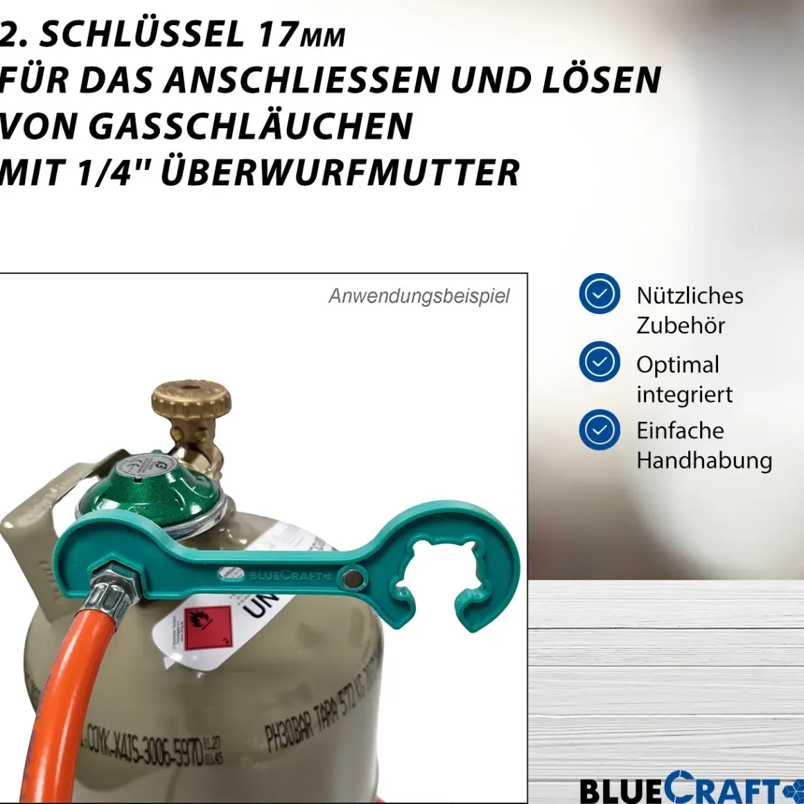 50 mbar Camping Gasregler Druckminderer mit 100 cm Gasschlauch + Gasflaschenschlüssel