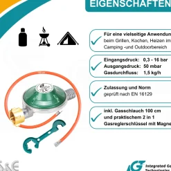 50 mbar Camping Gasregler Druckminderer mit 100 cm Gasschlauch + Gasflaschenschlüssel