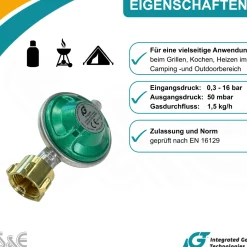 50 mbar Camping Gasregler Druckminderer mit 150 cm Gasschlauch