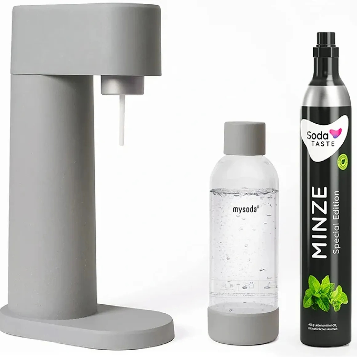 MySoda Sprudler Woody Grau mit CO2 Aromazylinder Minze & 1L Flasche