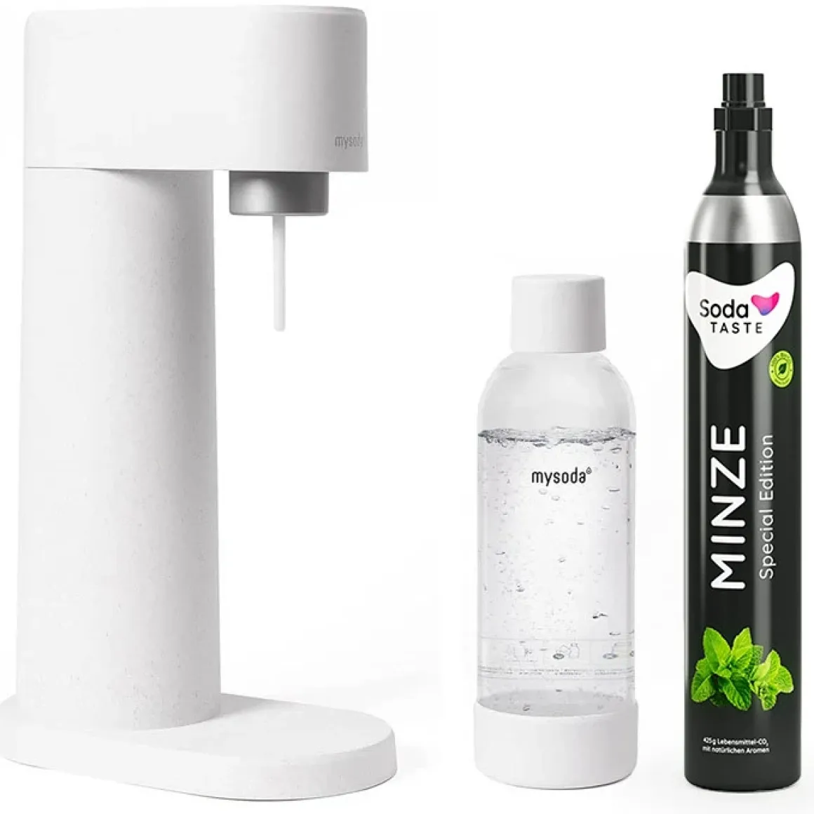 MySoda Sprudler Woody Weiß mit CO2 Aromazylinder Minze & 1L Flasche