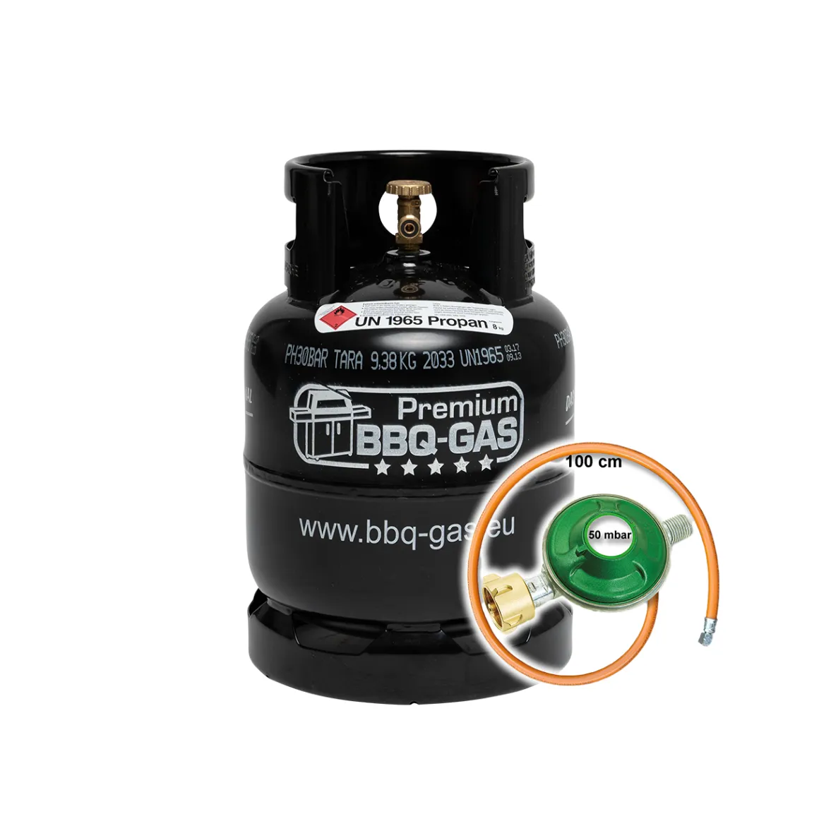 Premium BBQ-GAS Flasche 8kg ungefüllt im Set 1 Regler und Schlauch