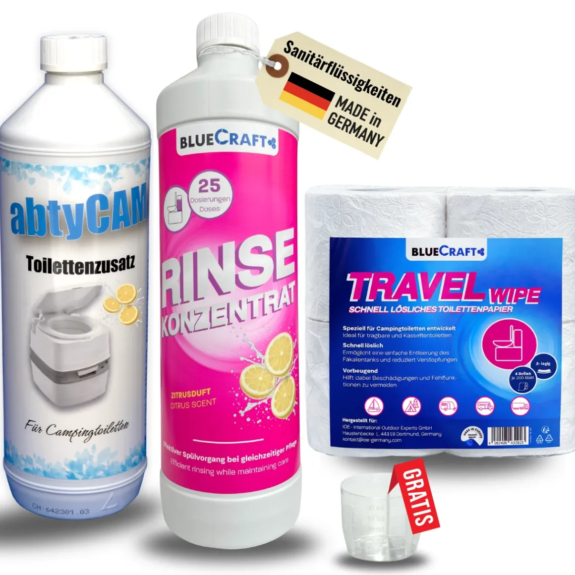 Sanitärzusatz Set mit Toilettenpapier - Sanitärflüssigkeiten für Abwasser- & Spülwassertank der Campingtoilette