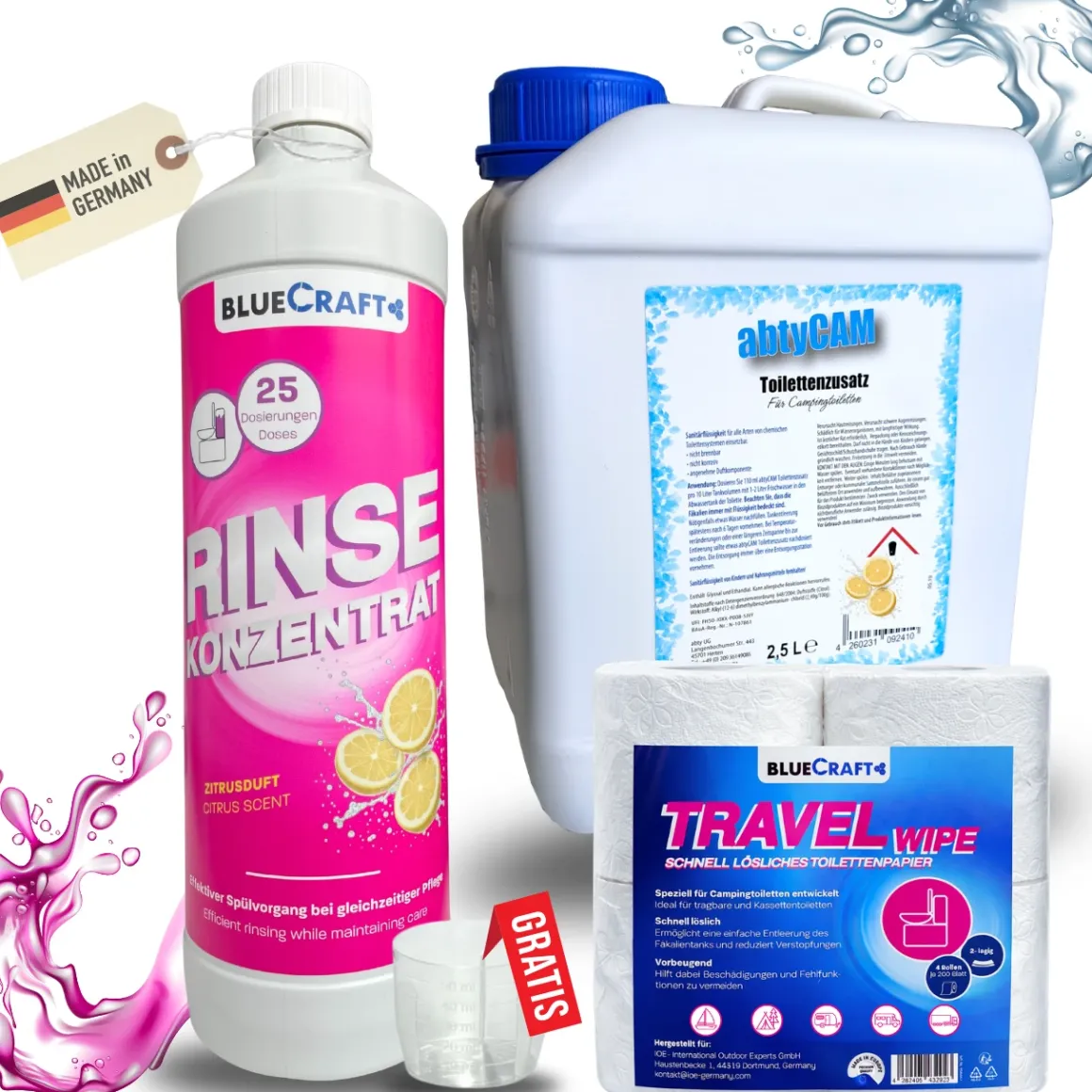 Sanitärzusatz Set mit Toilettenpapier - Sanitärflüssigkeiten für Abwasser- & Spülwassertank der Campingtoilette