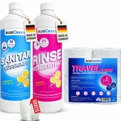 Sanitärzusatz Set mit Toilettenpapier - Sanitärflüssigkeiten für Abwasser- & Spülwassertank der Campingtoilette