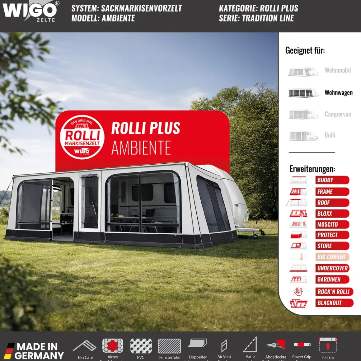 WIGO Vorzelt Rolli Plus Ambiente Größe 5b Umlaufmaß 822-857cm