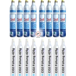 8 x CO2 Zylinder Kohlensäure 425 g Flasche  mit Füllung bis zu je 60 L f. Soda-Stream Wasser-M