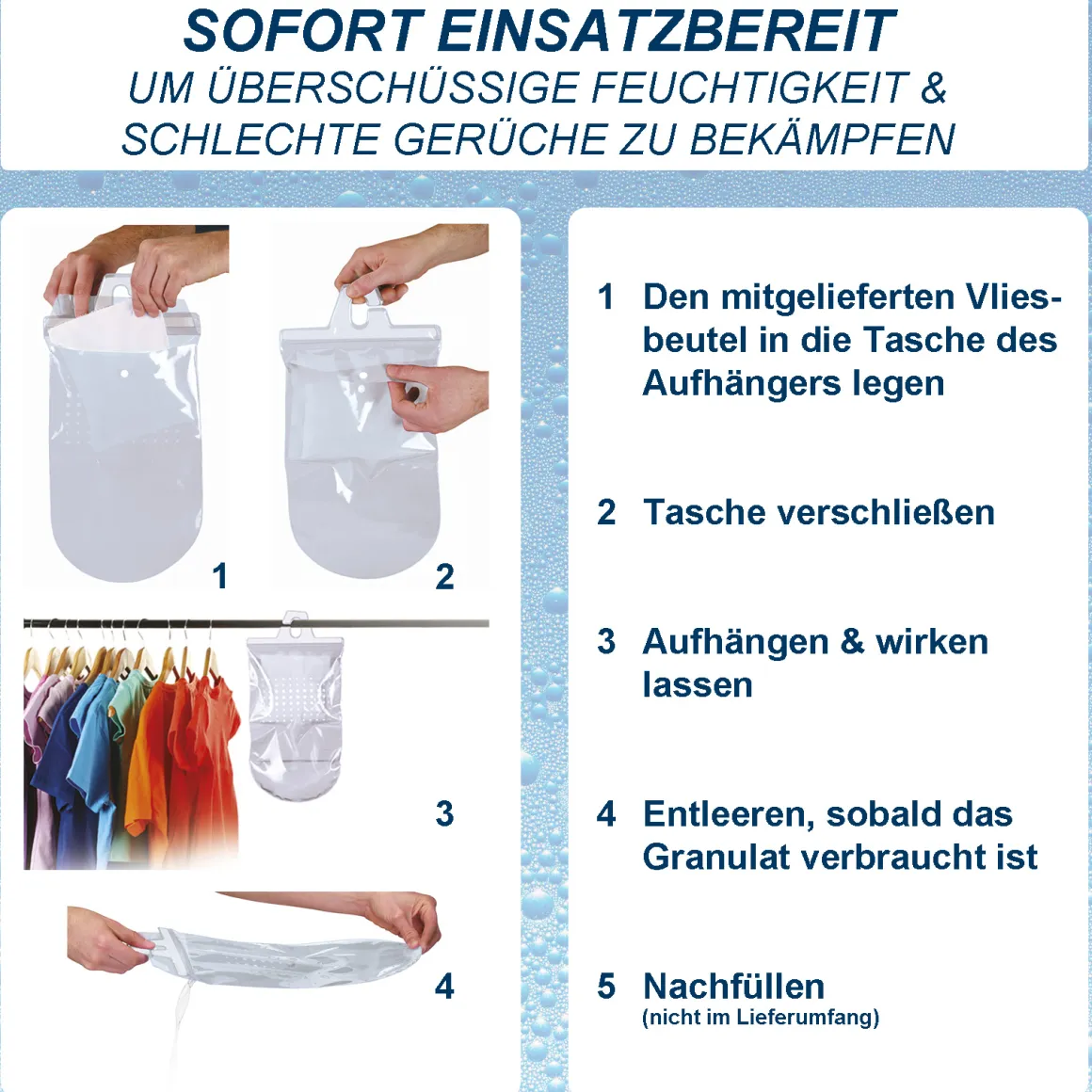 10x 1 kg Raum Luftentfeuchter Granulat im Vliesbeutel +1x Luftentfeuchter Aufhänger für Schränke mit 450g Granulat im Vliesbeutel