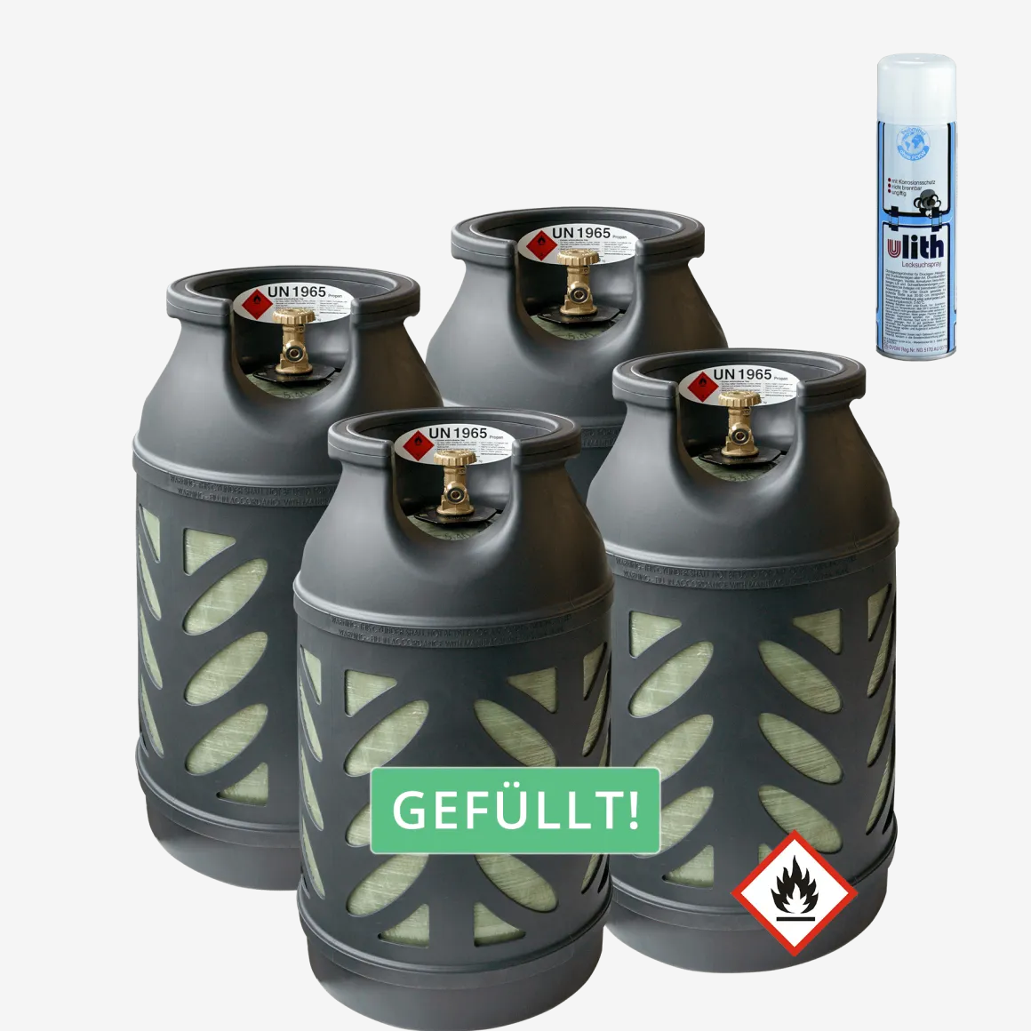 4x Premium Composite 10 kg Eigentum Propangasflasche gefüllt mit Lecksuchspray