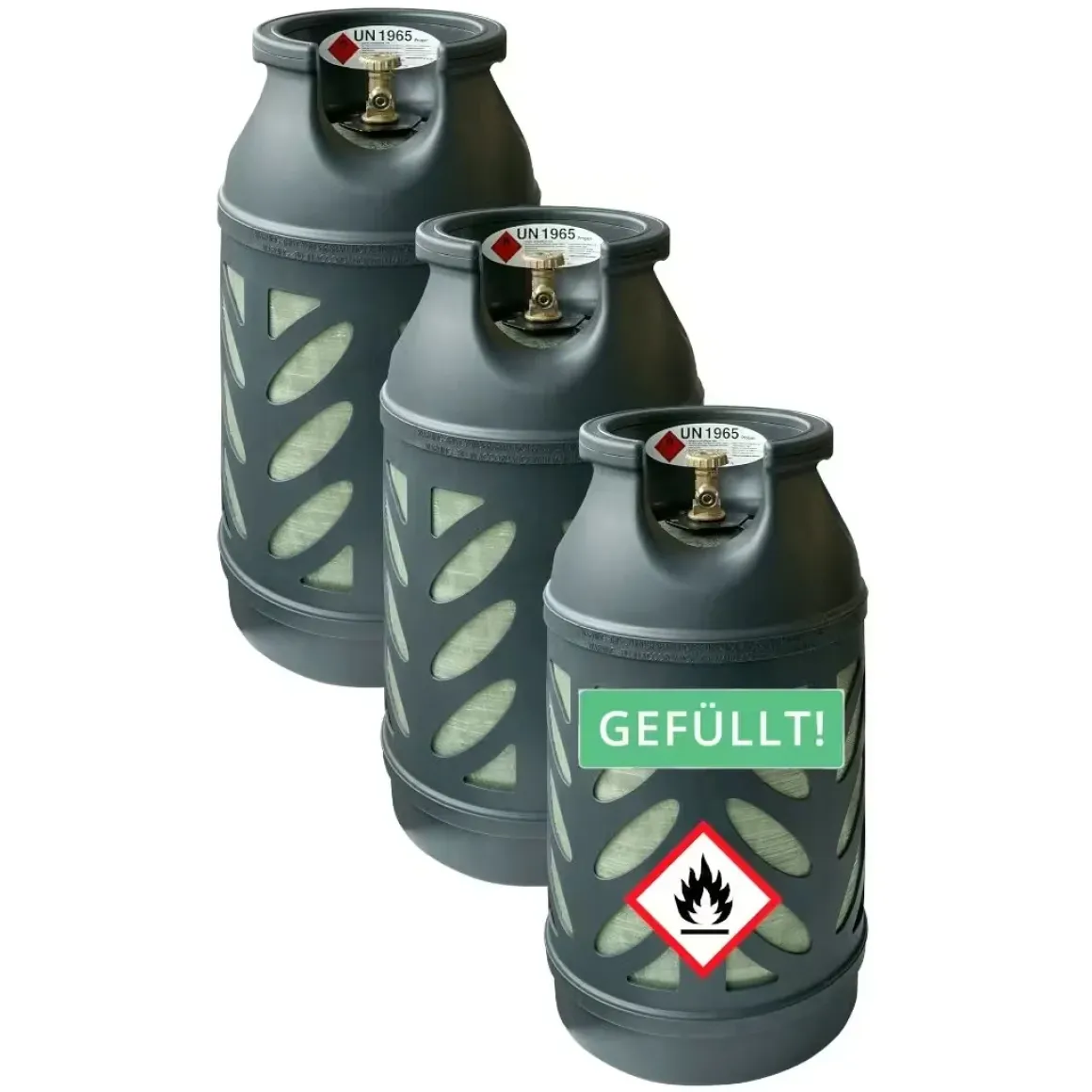 3x Premium 10 kg Composite Eigentum Propangasflasche gefüllt mit Lecksuchspray