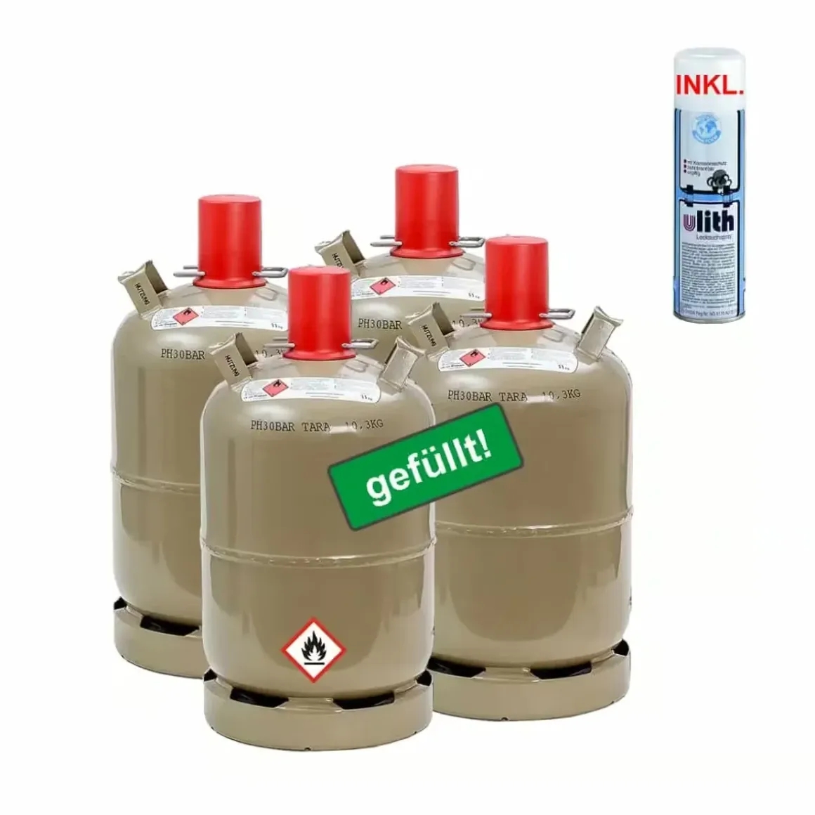 4x Propan-Gasflasche 11 kg gefüllt mit Lecksuchspray für Camping, Gasgrill, Gaskocher